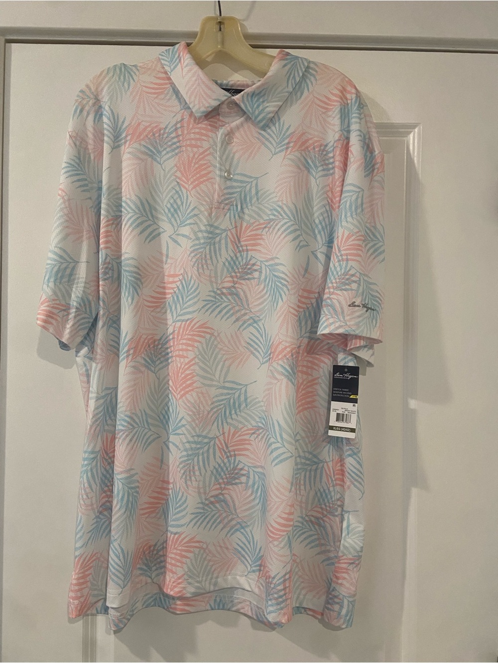 NWT Ben Hogan Men's Palm-Print Polo in White, Pink & Light Blue XL